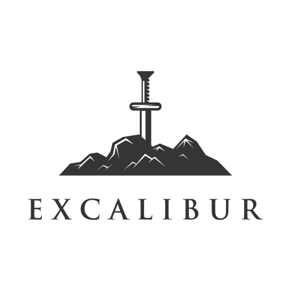 espada, escudo, diseño de plantilla de logotipo de silueta vintage excalibur. vector