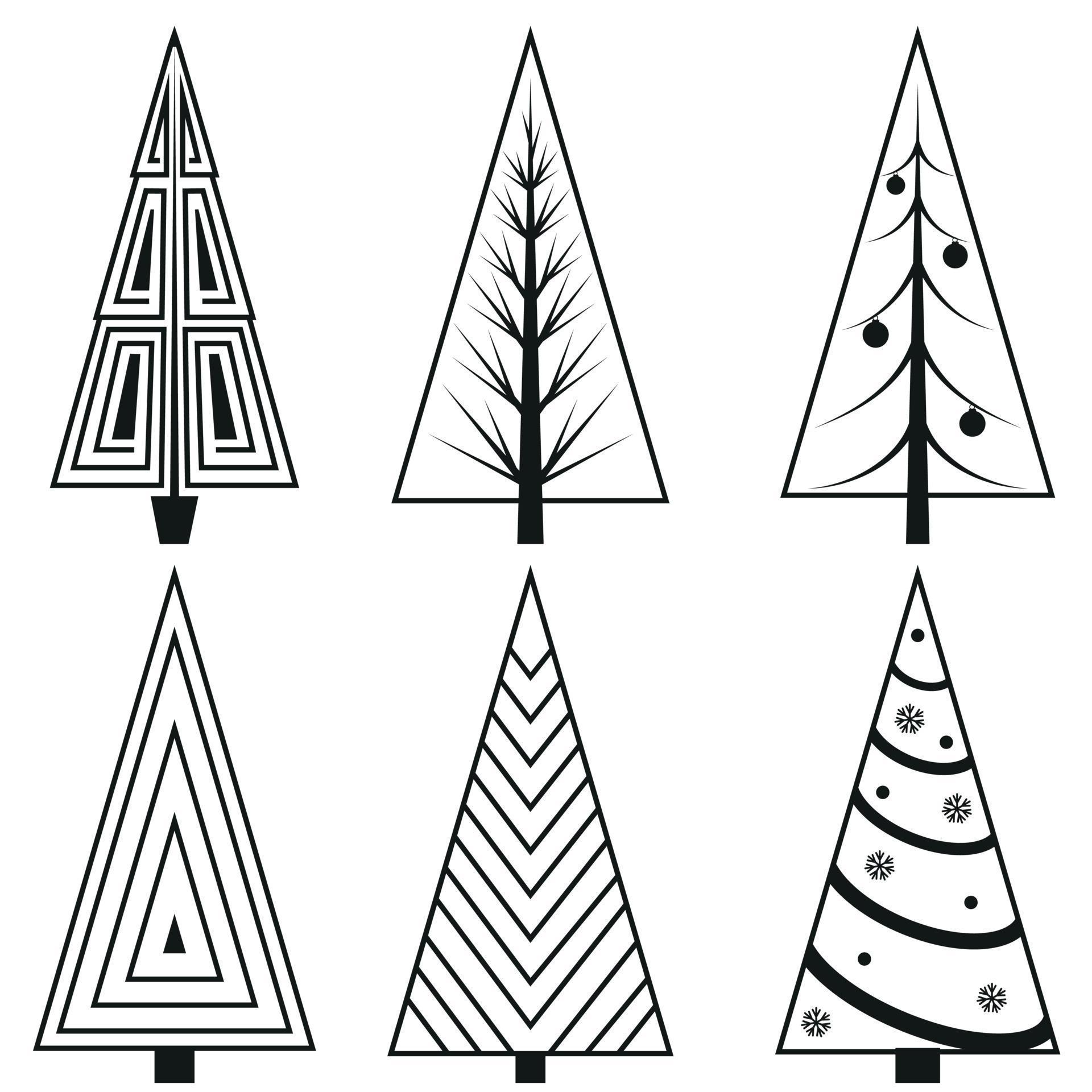 A set of Christmas trees in the doodle style, black outline. Isolated