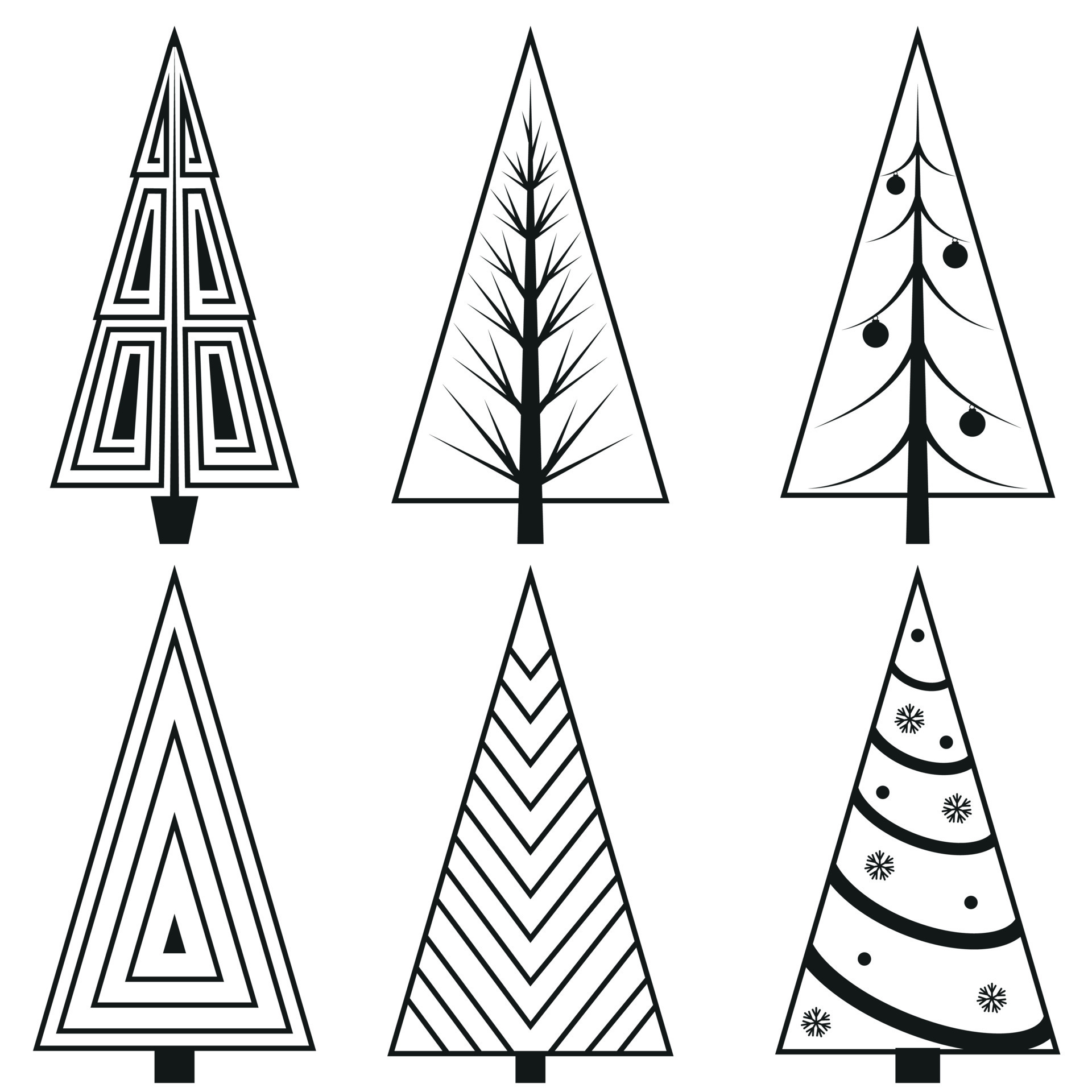 A set of Christmas trees in the doodle style, black outline. Isolated vector illustration 