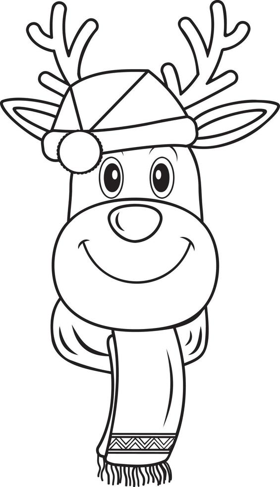 Christmas deer in a hat and scarf, black outline, coloring, doodle style, vector illustration