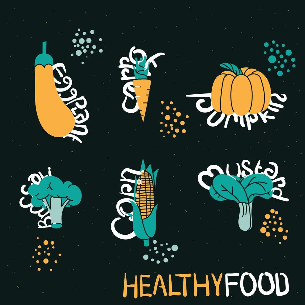 Flat vegetables design in dark green background with vegetables name in hand drawn design vector
