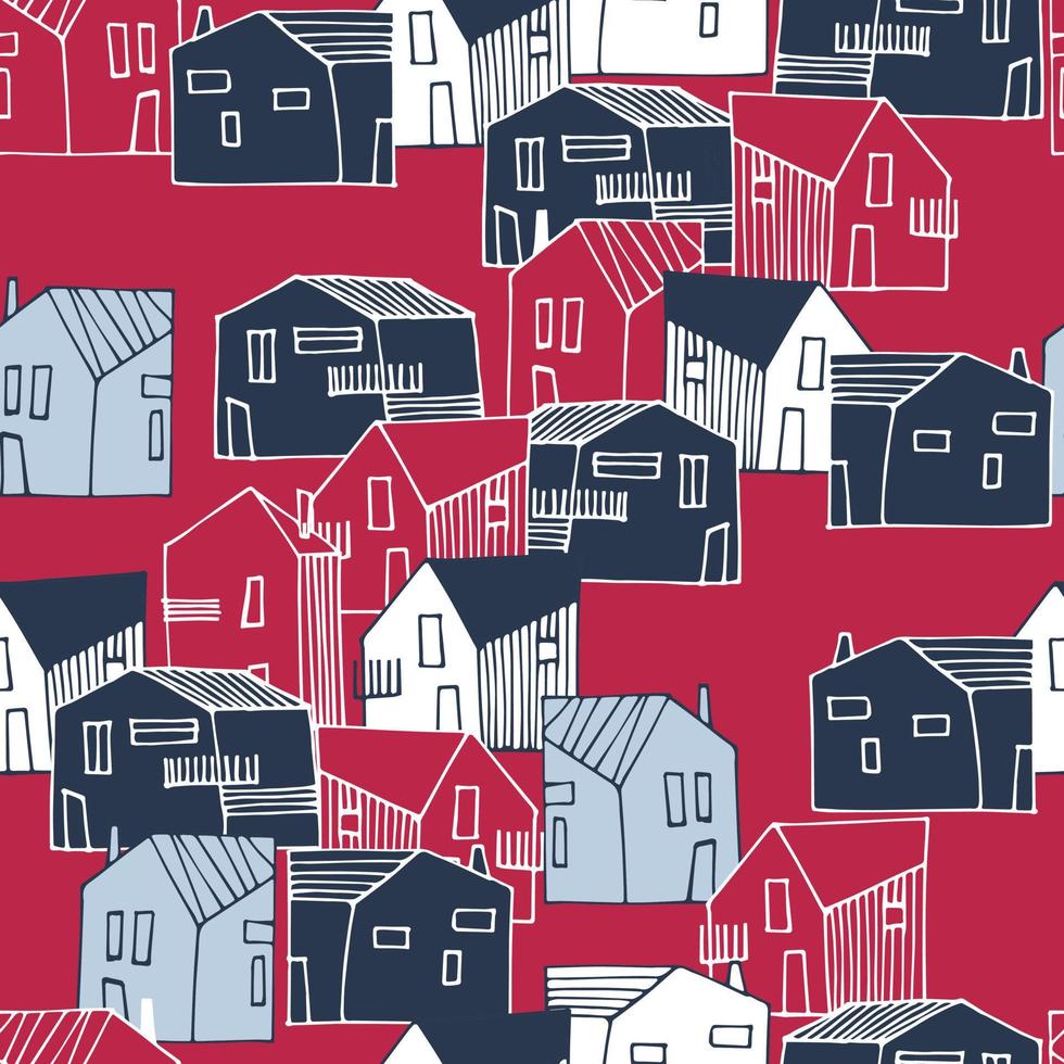 Seamless pattern with townscape in Color of The Year, Viva Magenta. Residential district. Small houses in urban, suburban or countryside landscape for surface design and other design projects vector