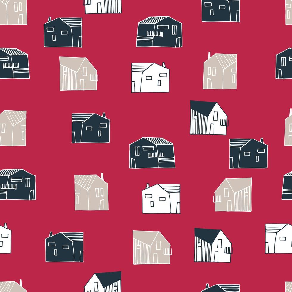 Seamless pattern with townscape in Color of The Year, Viva Magenta. Residential district. Small houses in urban, suburban or countryside landscape for surface design and other design projects vector