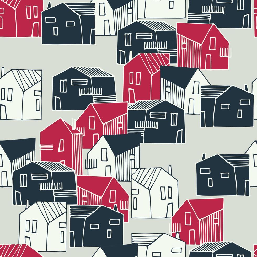 Seamless pattern with townscape in Color of The Year, Viva Magenta. Residential district. Small houses in urban, suburban or countryside landscape for surface design and other design projects vector