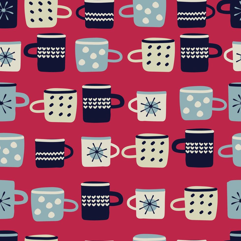 Seamless pattern in Color of The Year, Viva Magenta. Hand drawn baubles decorated with patterns in Scandinavian style. Christmas, New Year, winter holidays concept. vector