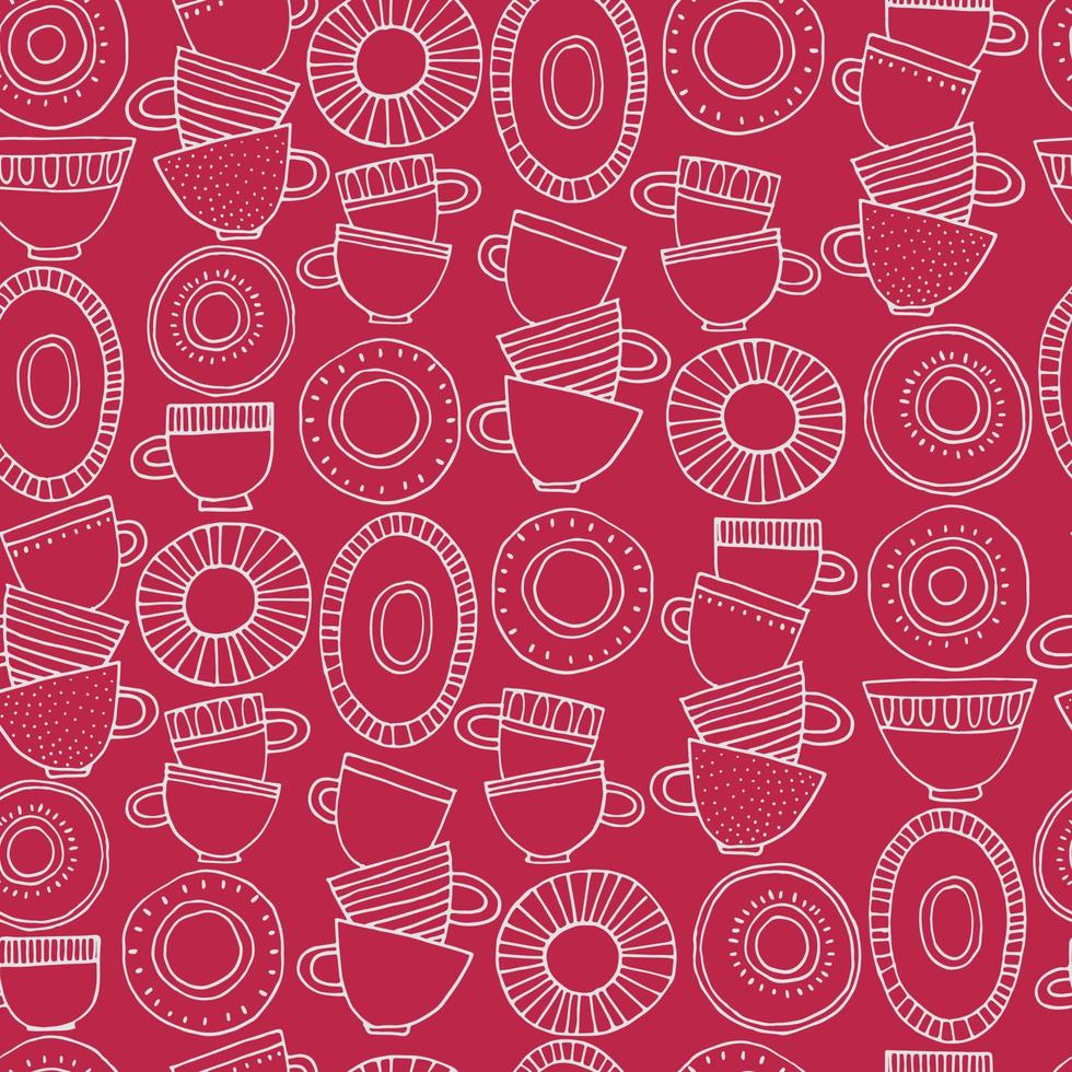 Seamless pattern. Hand drawn Fika koffe cups decorated with patterns in Scandinavian style in Color of The Year, Viva Magenta. For wrapping paper, other design projects vector