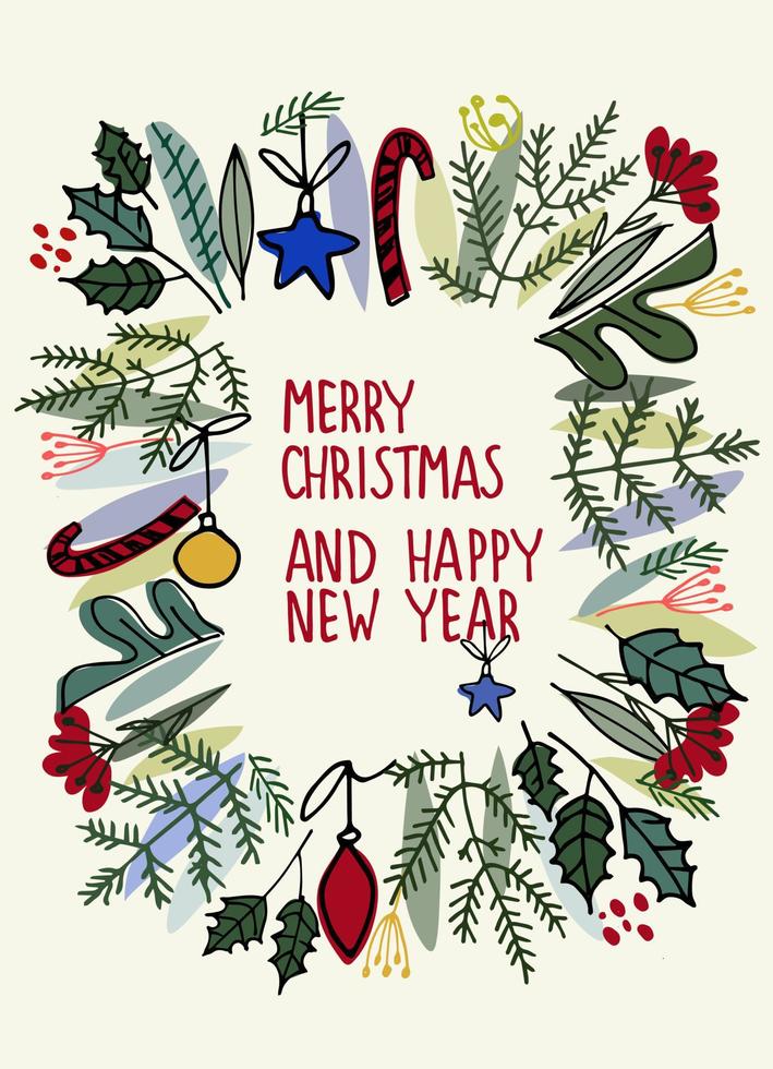 plantilla de diseño de tarjeta de felicitación de navidad. feliz navidad, holly jolly, feliz año nuevo, letras a mano vector