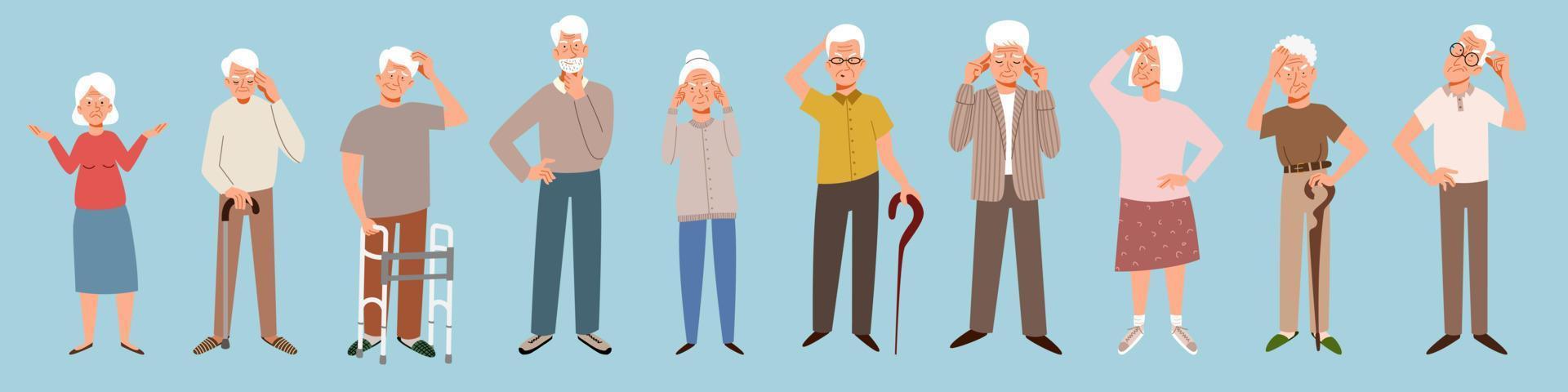 A group of forgetful elderly people. Grandma and Grandpa are thinking, trying to remember. vector