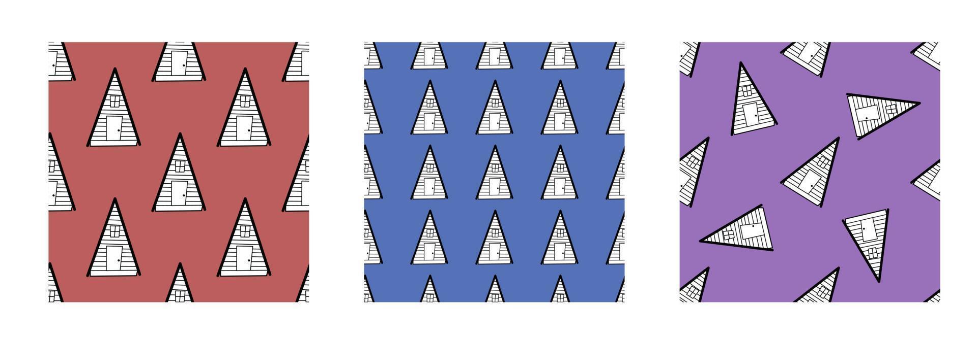 A set of seamless vector patterns from black and white houses in the style of doodles.