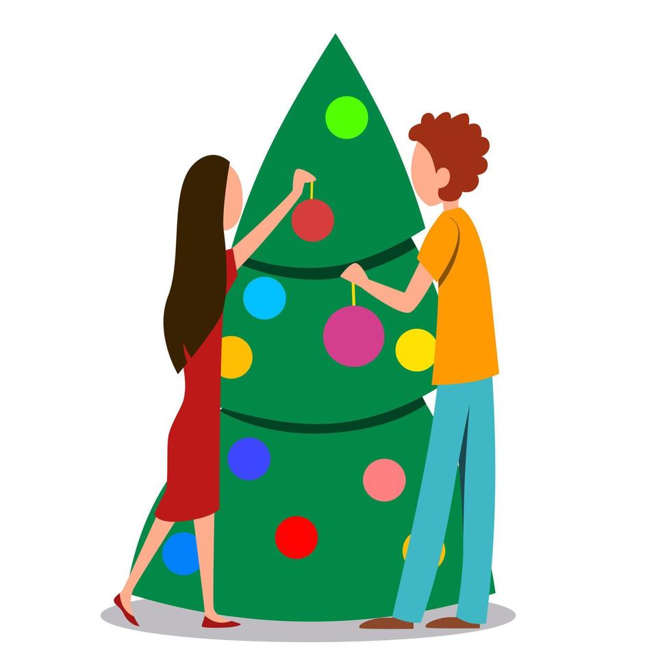 A young couple is decorating a Christmas tree. A man and a woman without a face hang toys vector