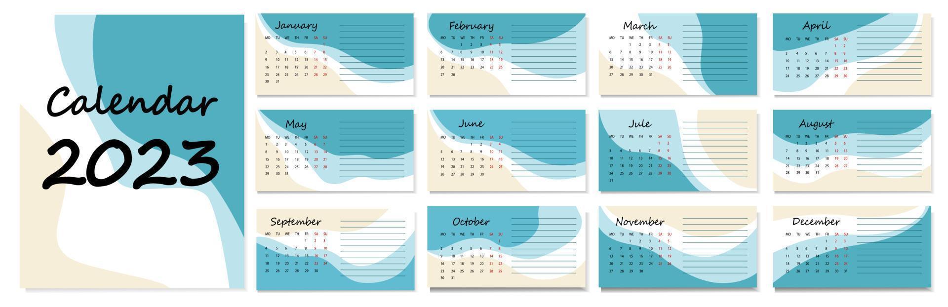 Horizontal vector calendar, abstract design. Calendar for 2023 on a white background for organizations and businesses. Form for tasks. The week starts on Monday.