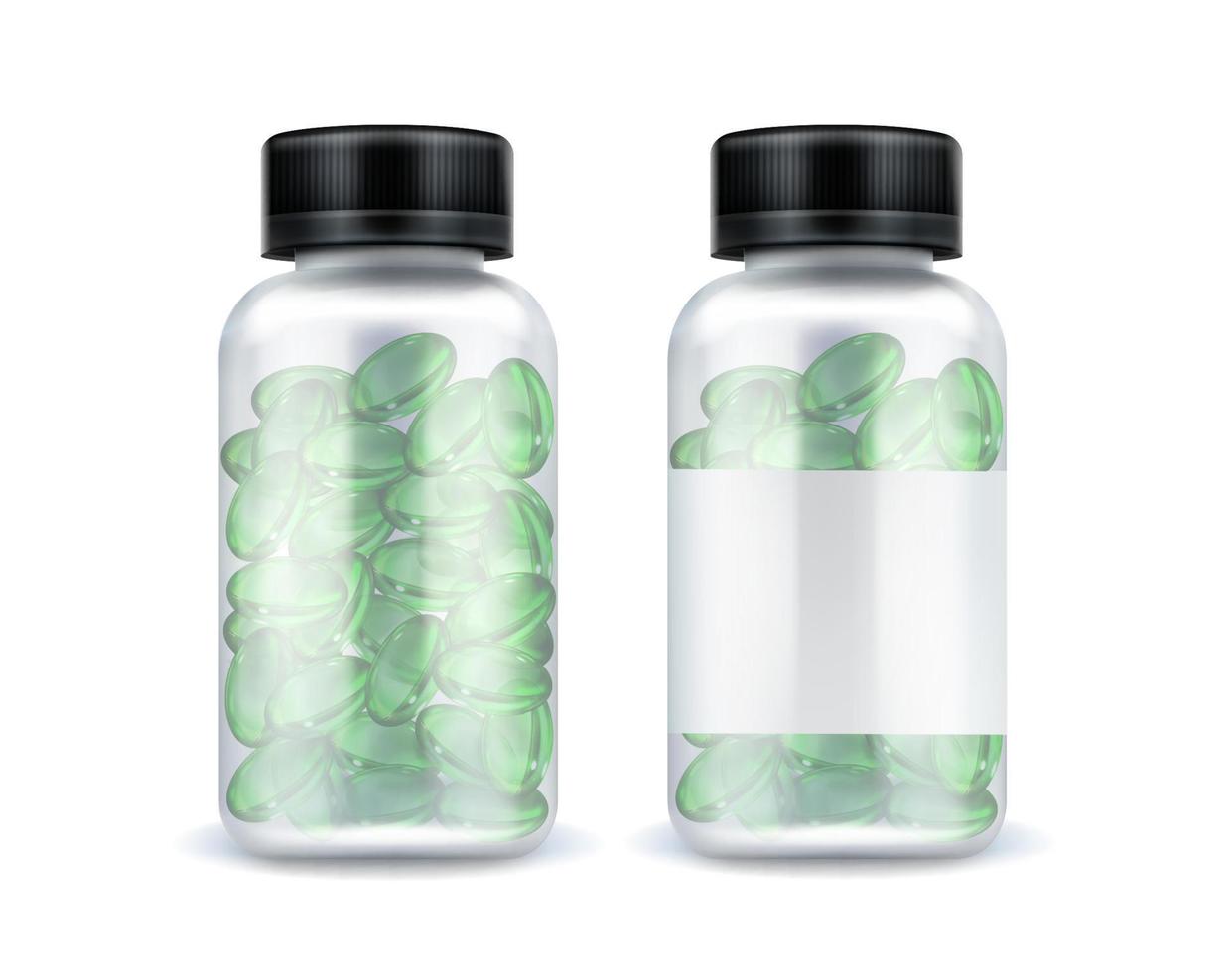 Pills bottle mockup, green medicine oval capsules vector