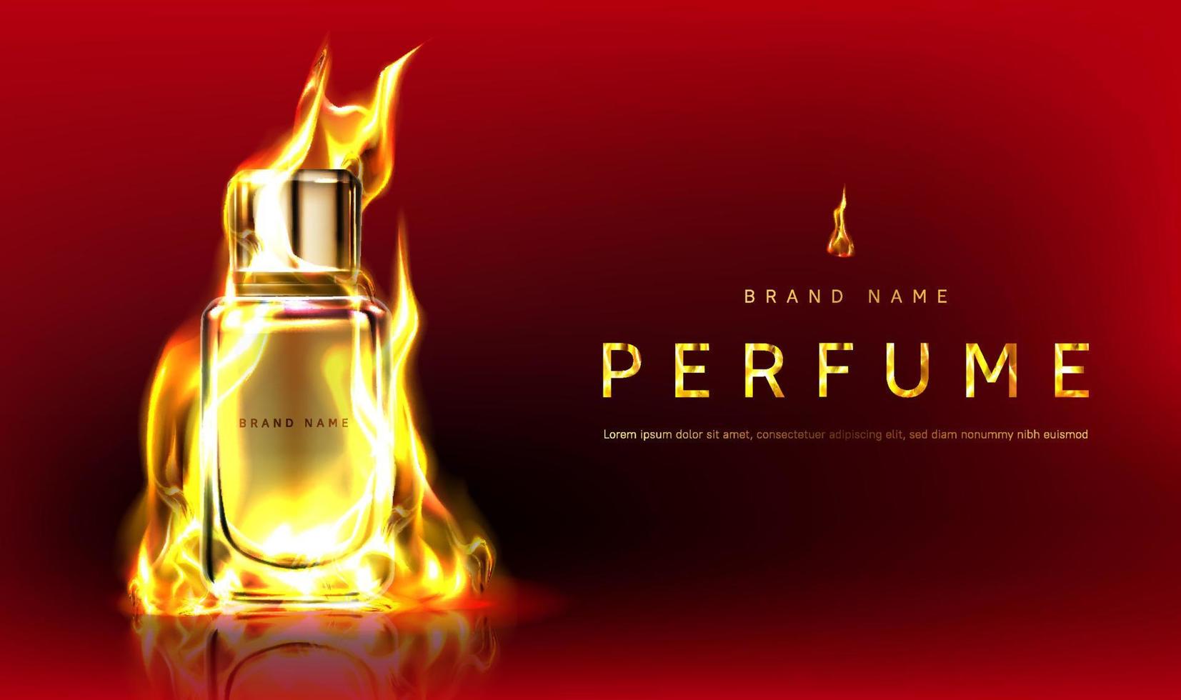 Promo banner with perfume bottle in fire flame vector