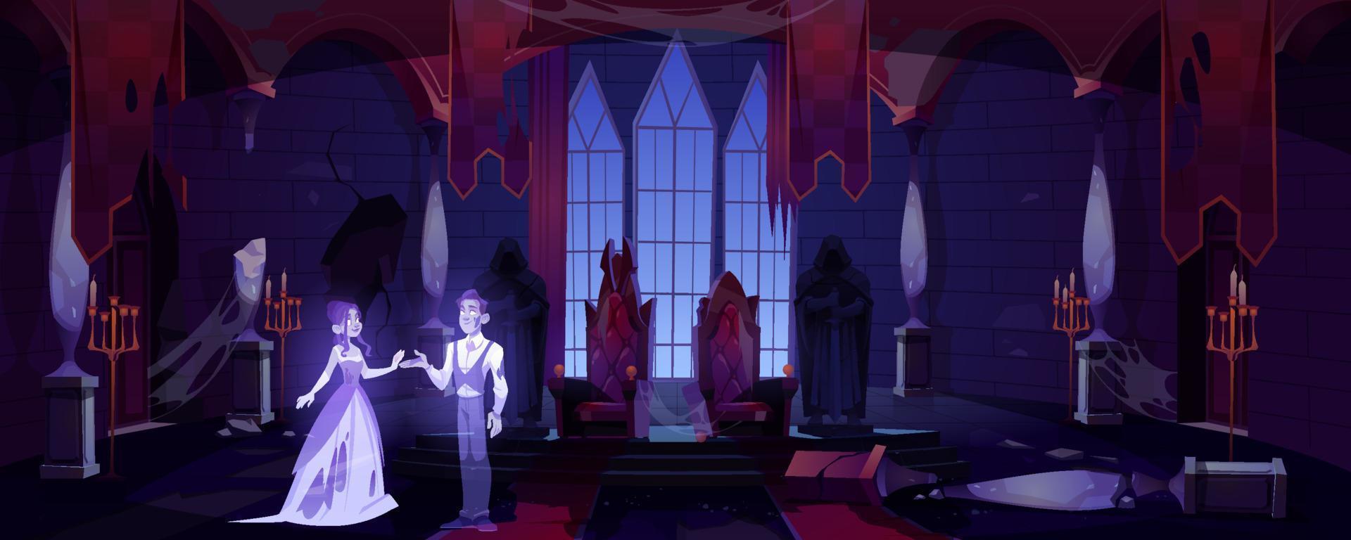 Old castle hall with ghosts dark scary palace room vector