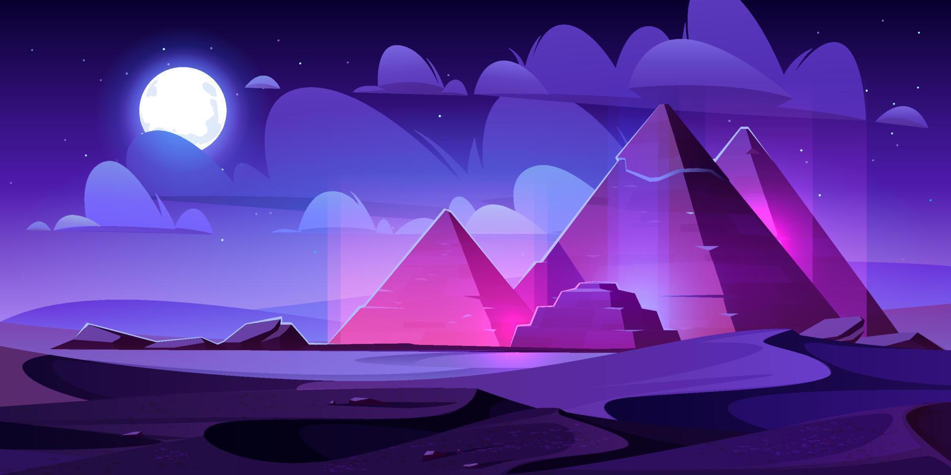 Egypt pyramids night desert, egyptian pharaoh tomb vector