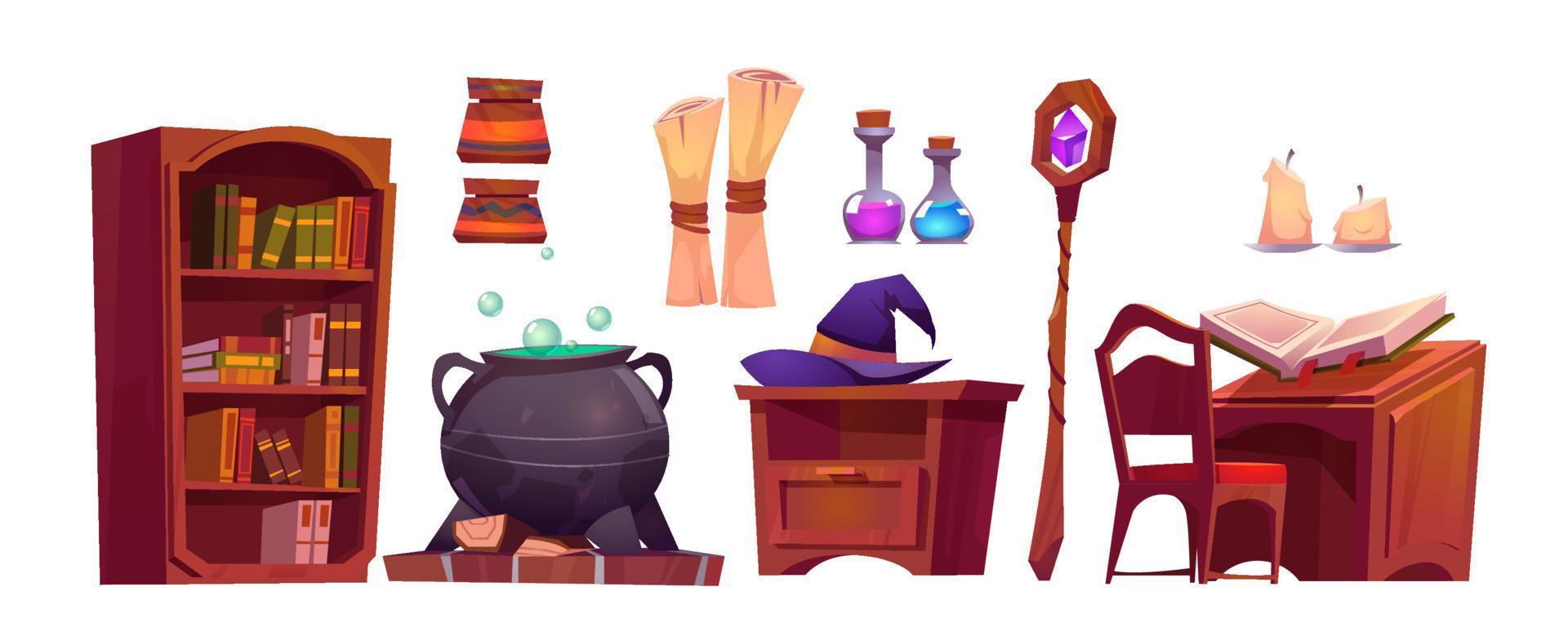 Magic school interior with open book of spell vector