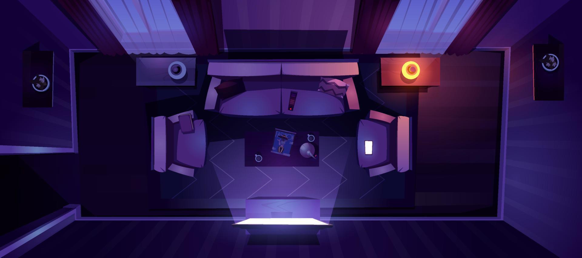Living room with sofa and tv at night top view vector