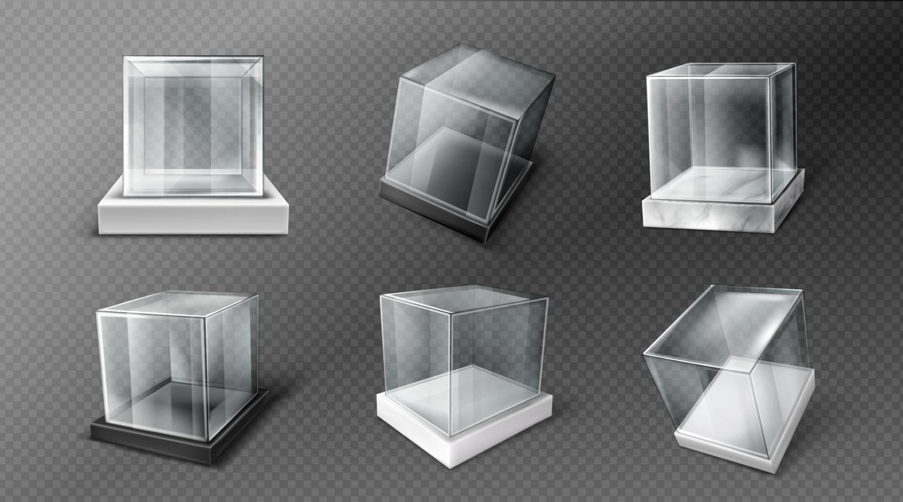 Glass cube boxes, clear acrylic showcases vector