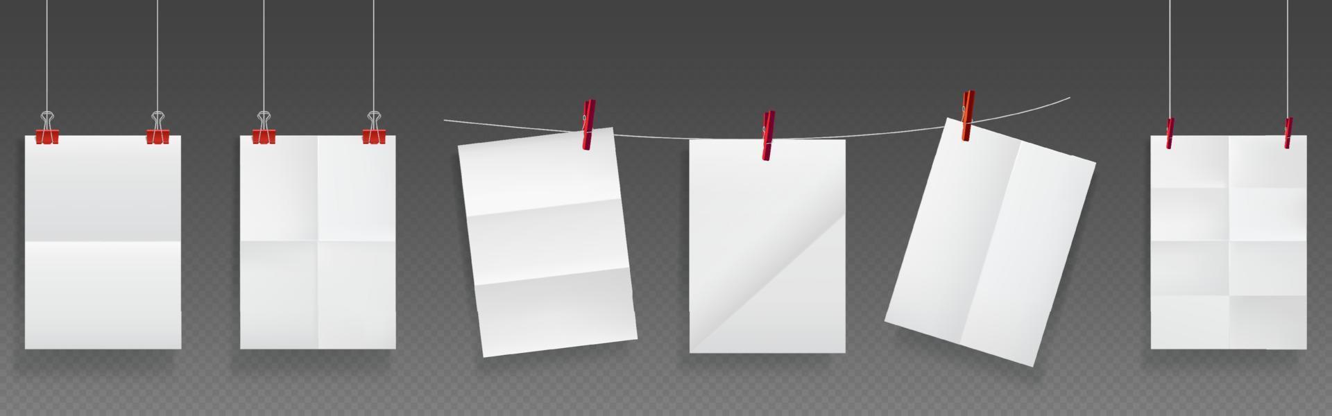 Folded posters hang on rope and pins, white paper vector