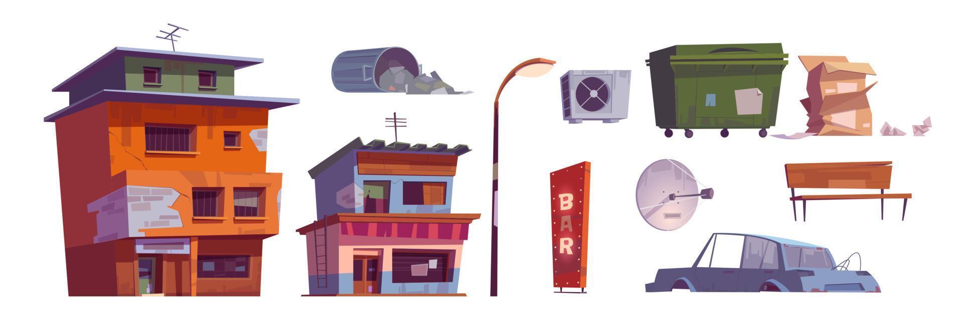 Ghetto buildings, litter bin, car, bar signboard vector