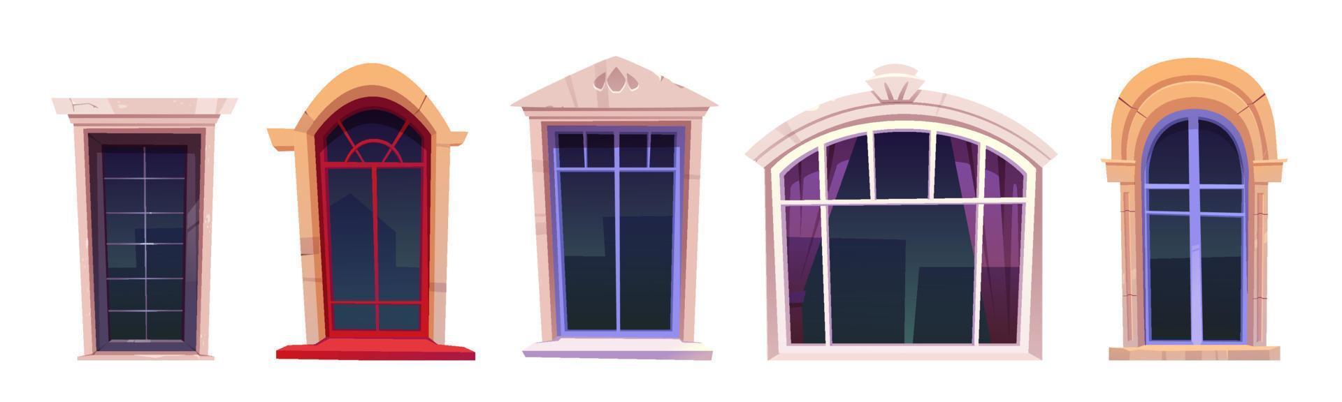 Cartoon windows set, glasses with stone frames vector