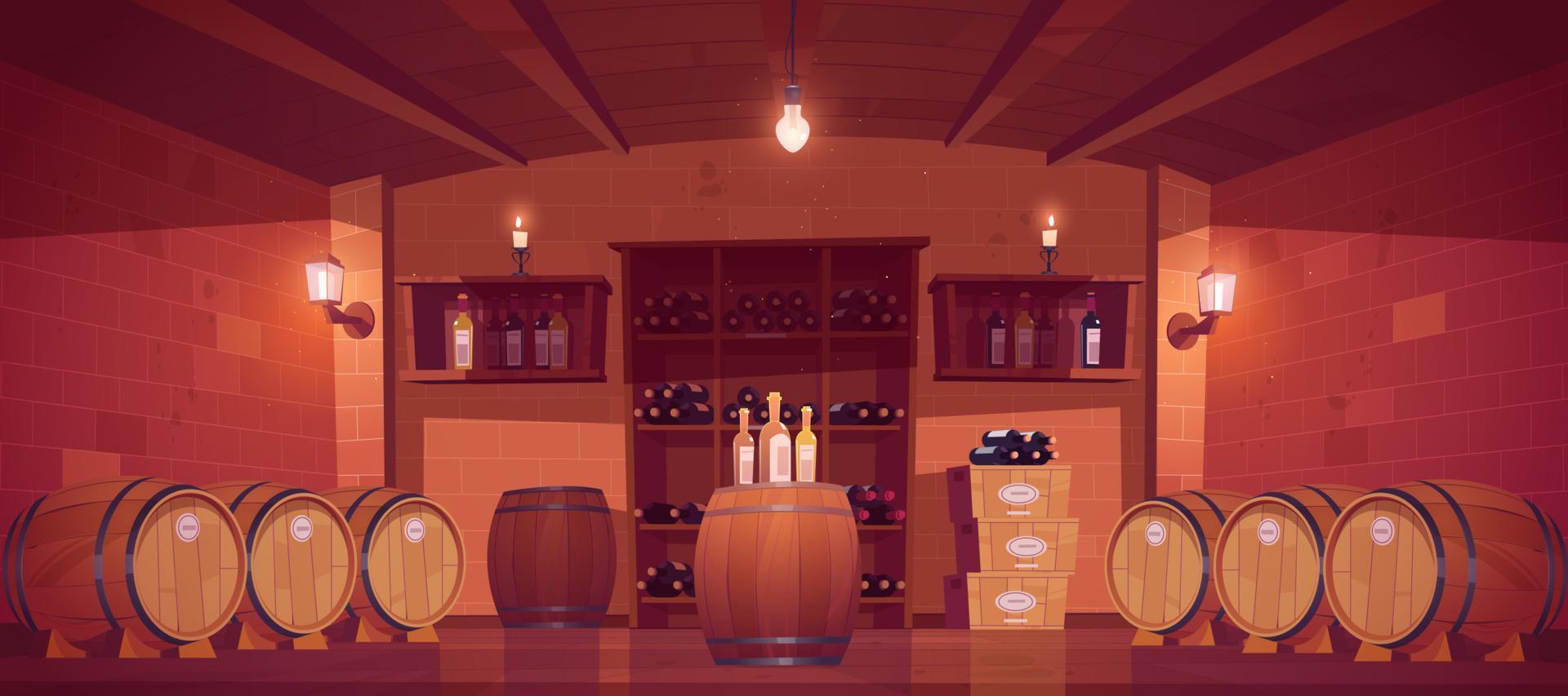 Wine shop, cellar interior with wooden barrels vector