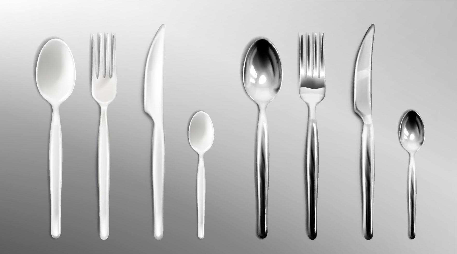 Vector realistic white plastic and steel cutlery