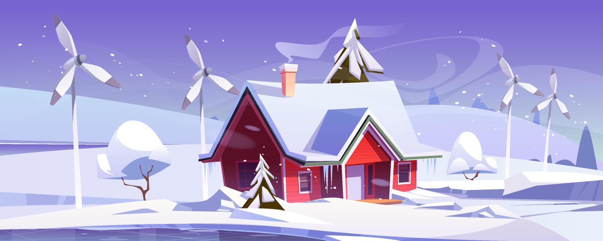 Winter landscape with house and wind turbines vector
