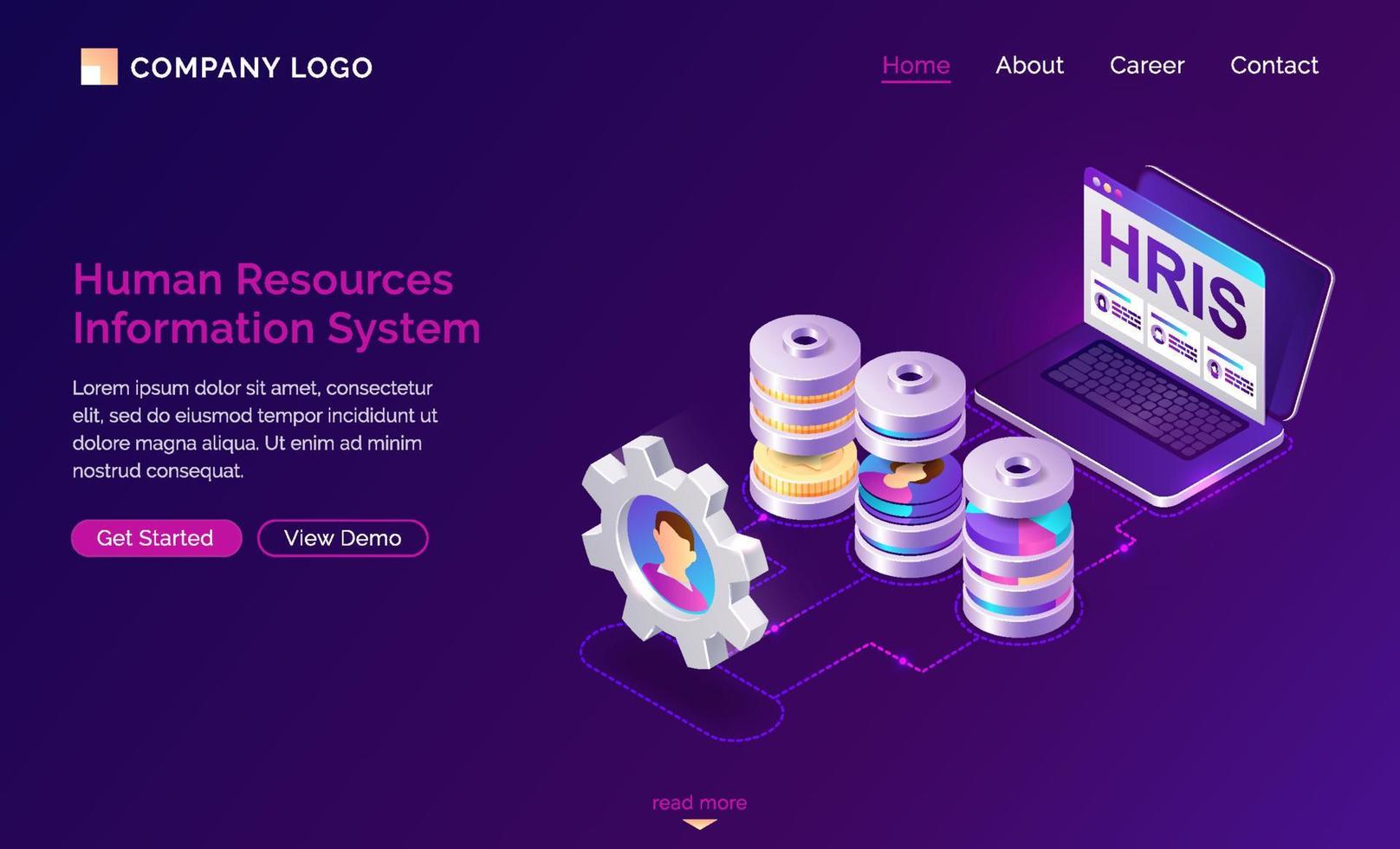 Hris isometric landing page. Human resources tech vector