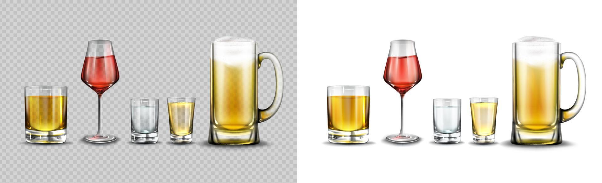 Glasses with alcohol drinks, beer, wine, whiskey vector