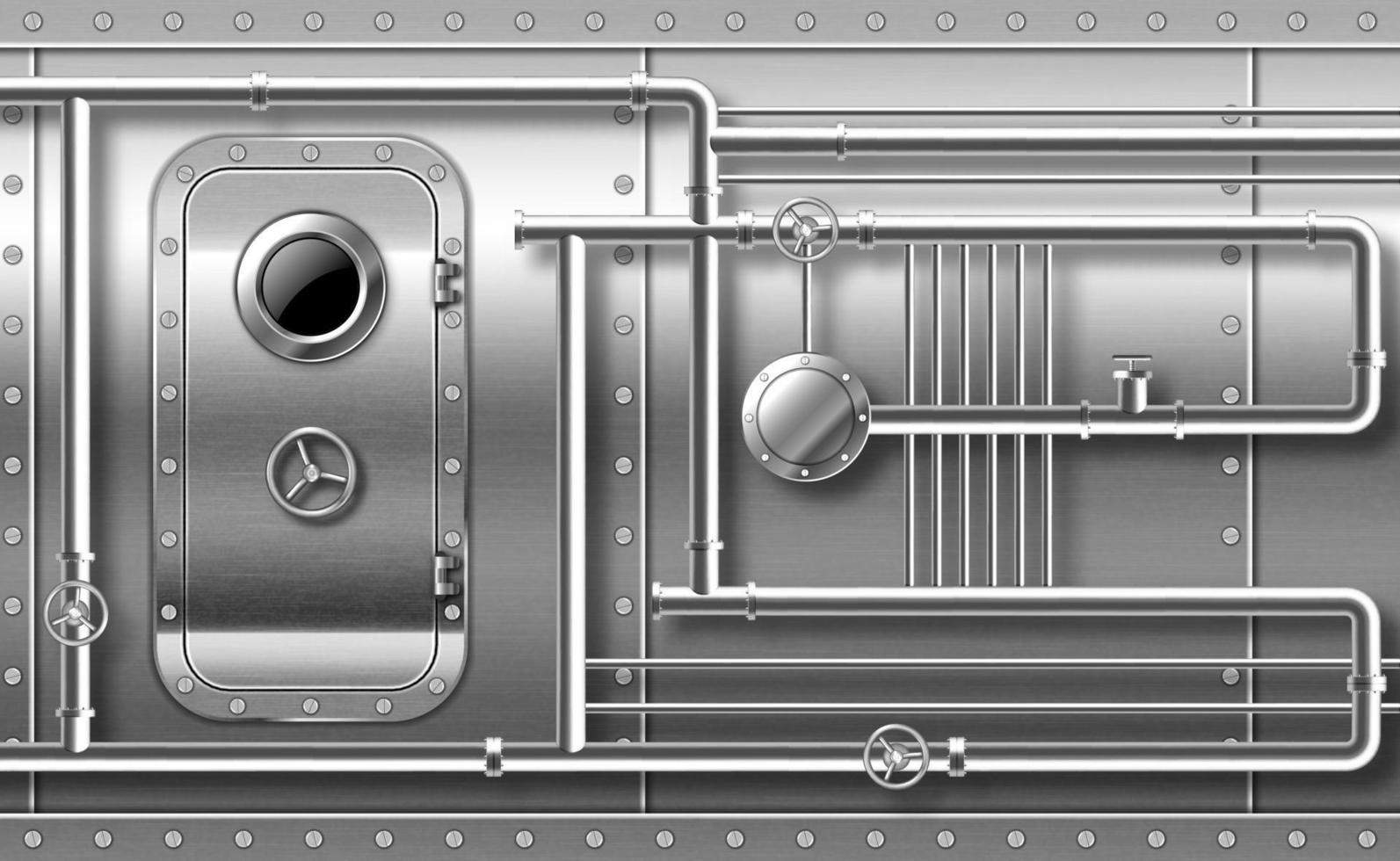 Metal door with porthole on wall with pipes 3d vector