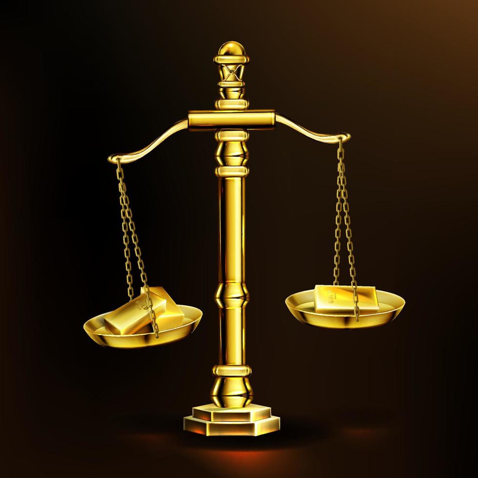 Gold bars on scales, golden weights with bullions vector
