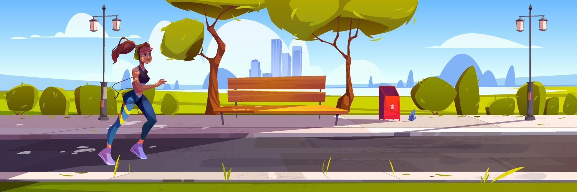 Young woman run in town park at morning vector