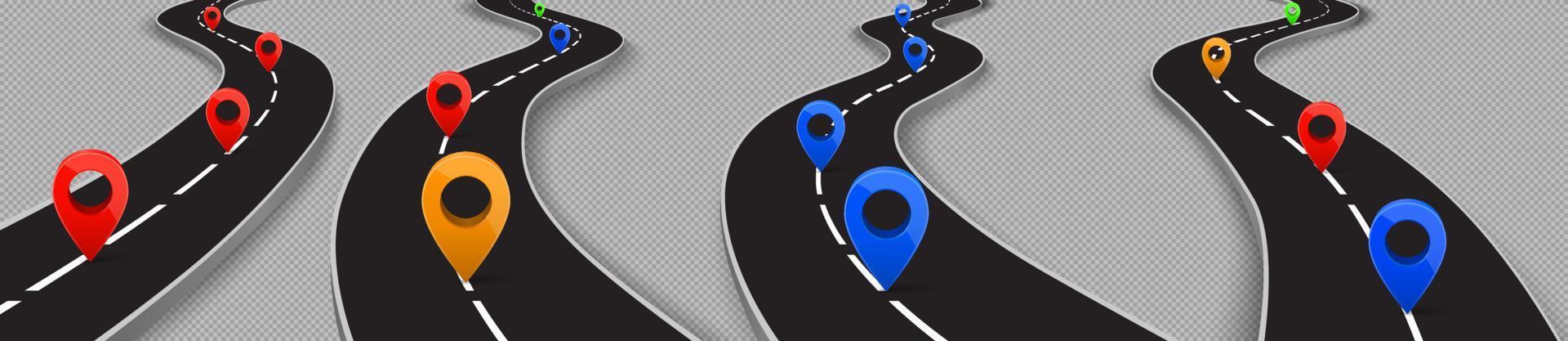 Road with gps pins, highway navigation route set vector