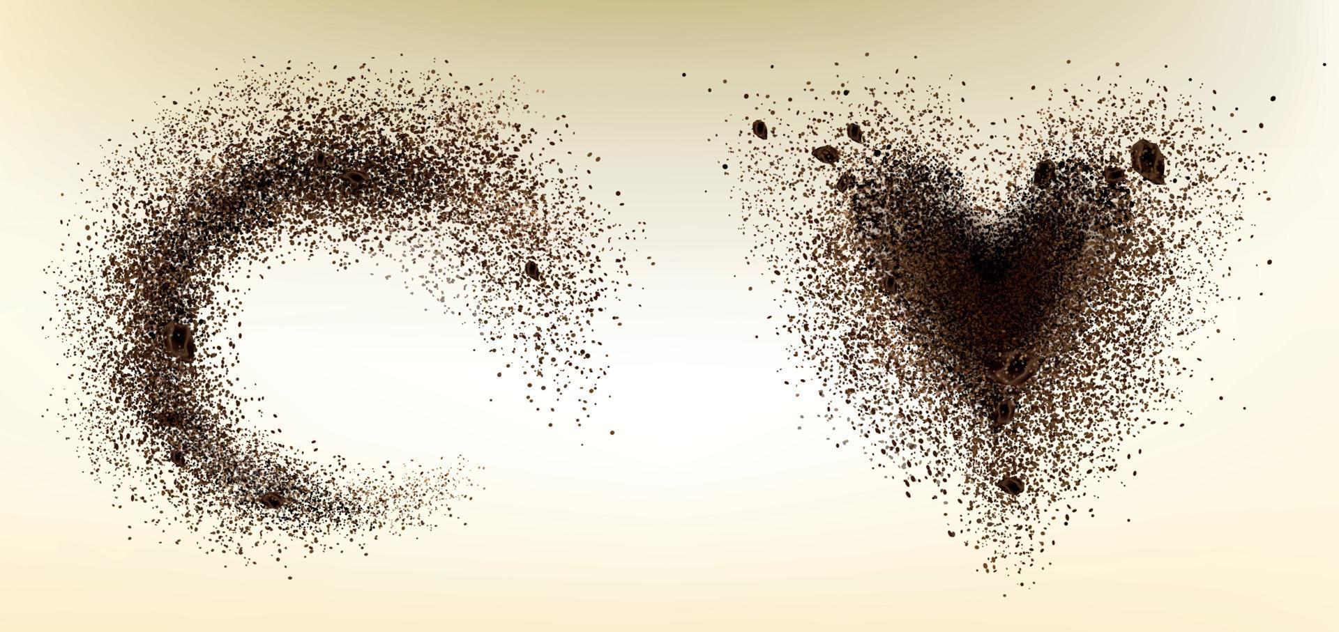 Explosion of coffee bean and powder in heart shape vector