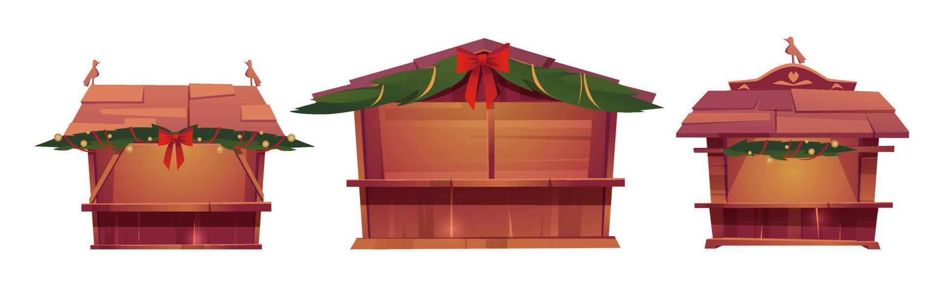 Christmas market stalls, wooden festival kiosks vector