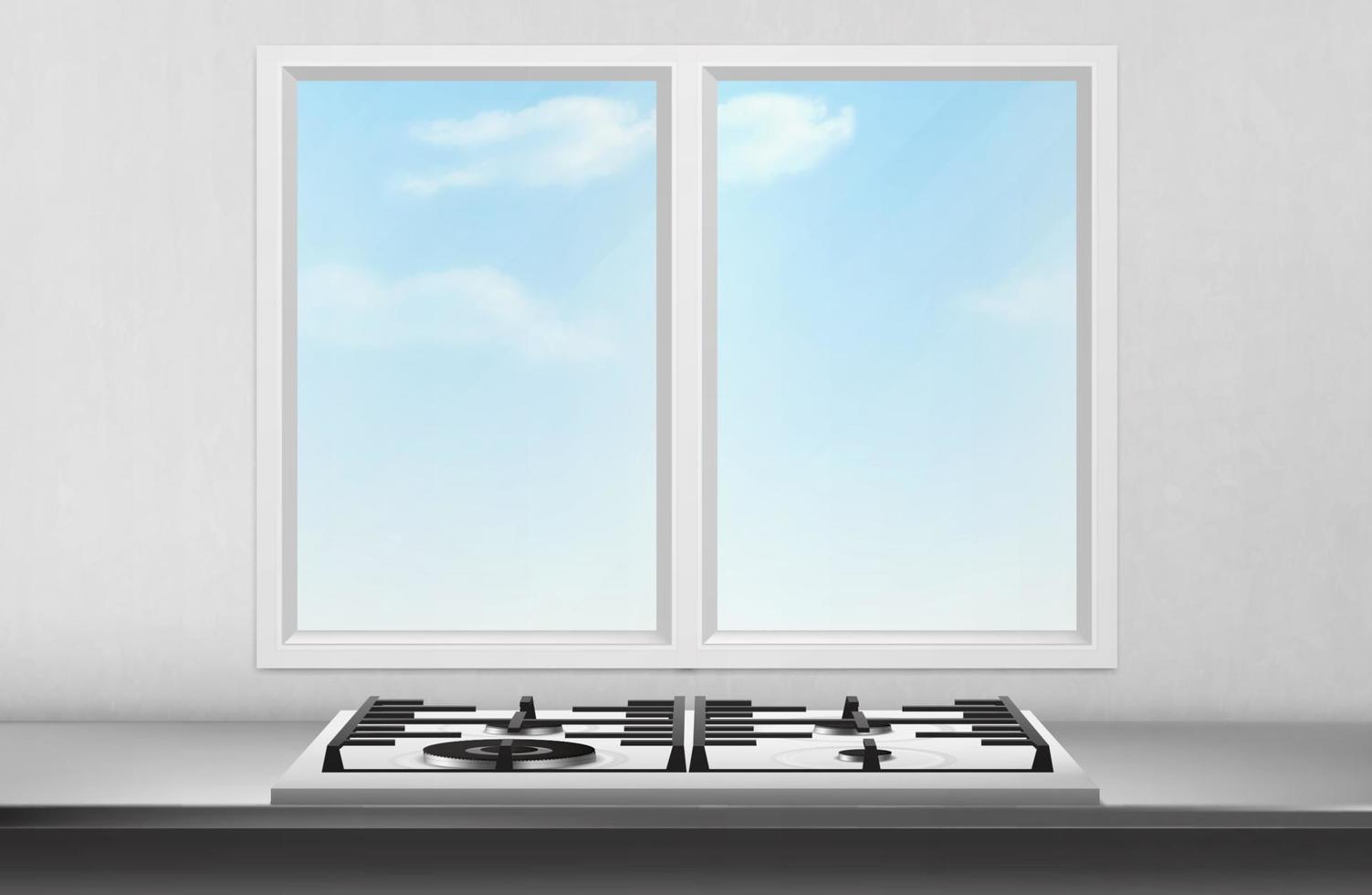 Gas and electric stove front of kitchen window vector