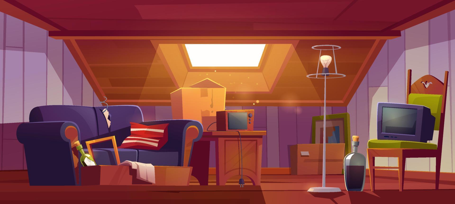 Attic room with old things garret with roof window vector