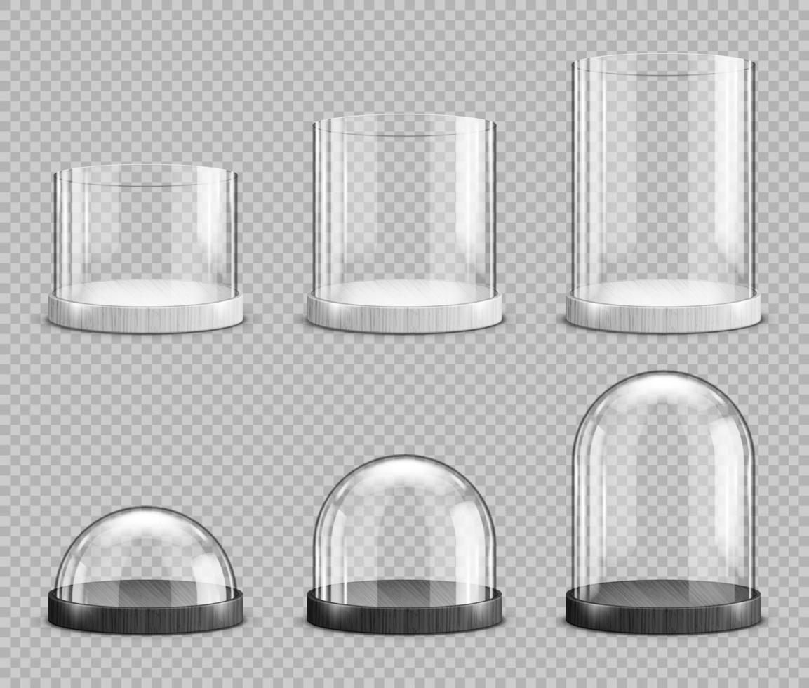 Realistic glass domes and cylinders, souvenirs set vector