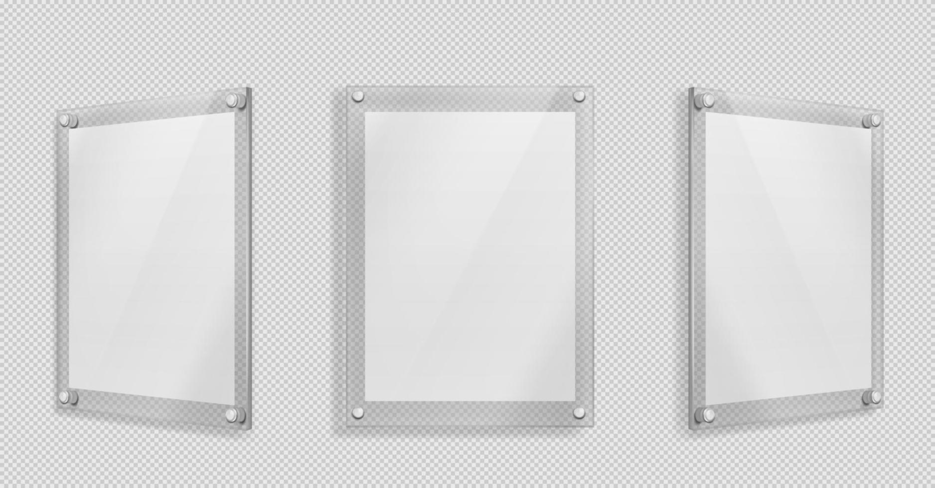 Acrylic poster, blank glass frame hang on wall vector