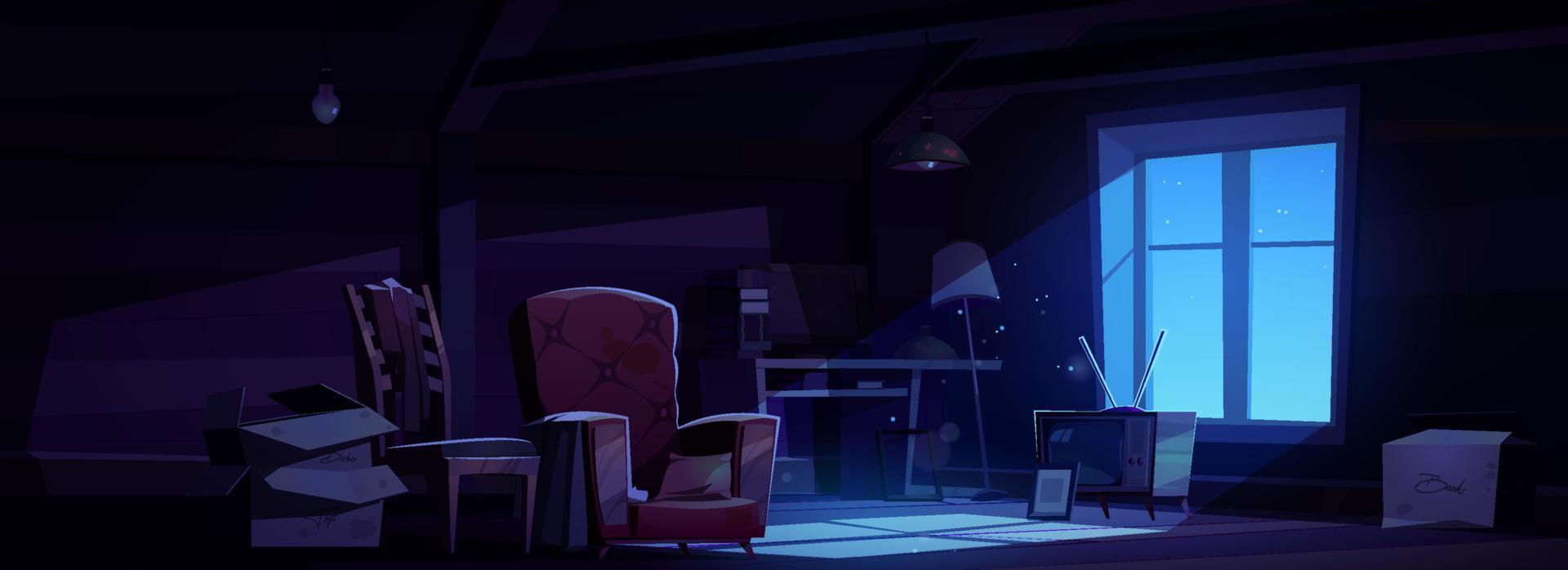 House attic at night, storage of old furniture vector