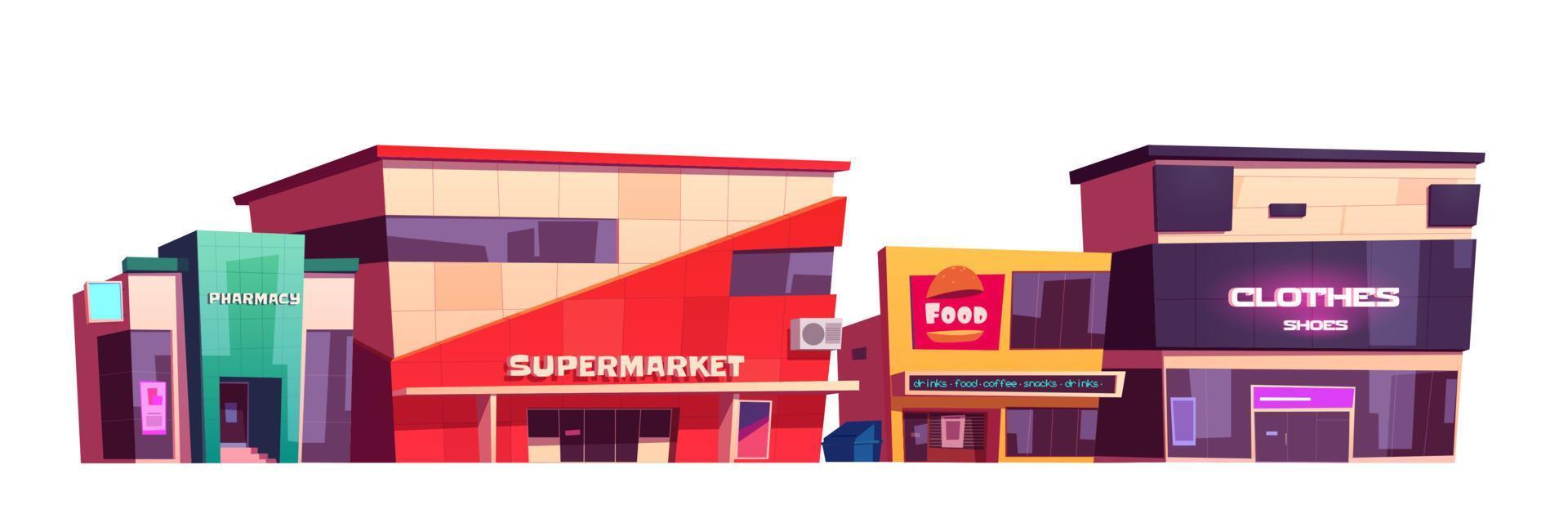 Store buildings, clothes shop, supermarket facades vector