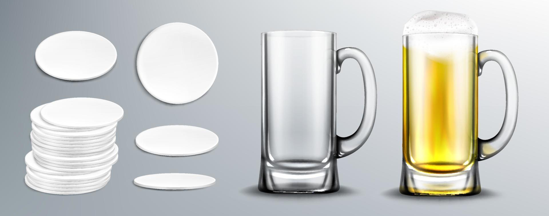 Empty and full of beer glass mug and coasters vector