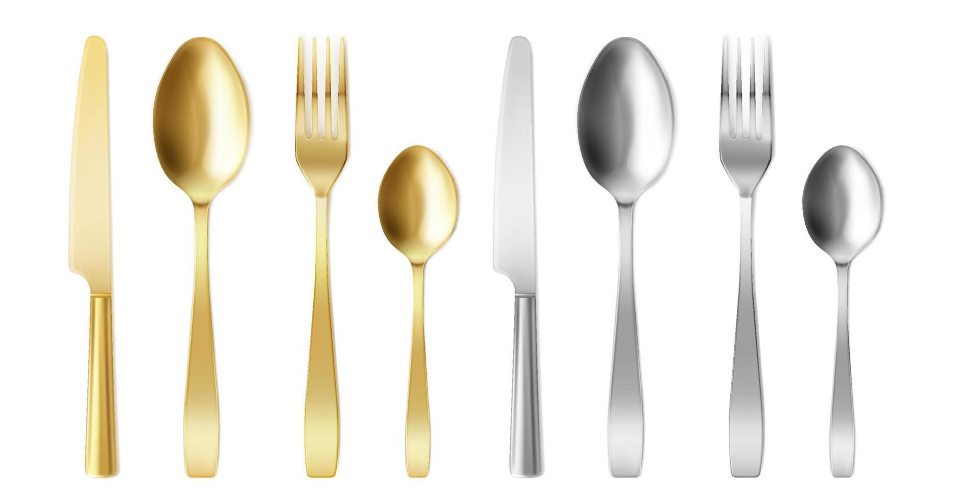 3d cutlery golden and silver fork, knife and spoon vector