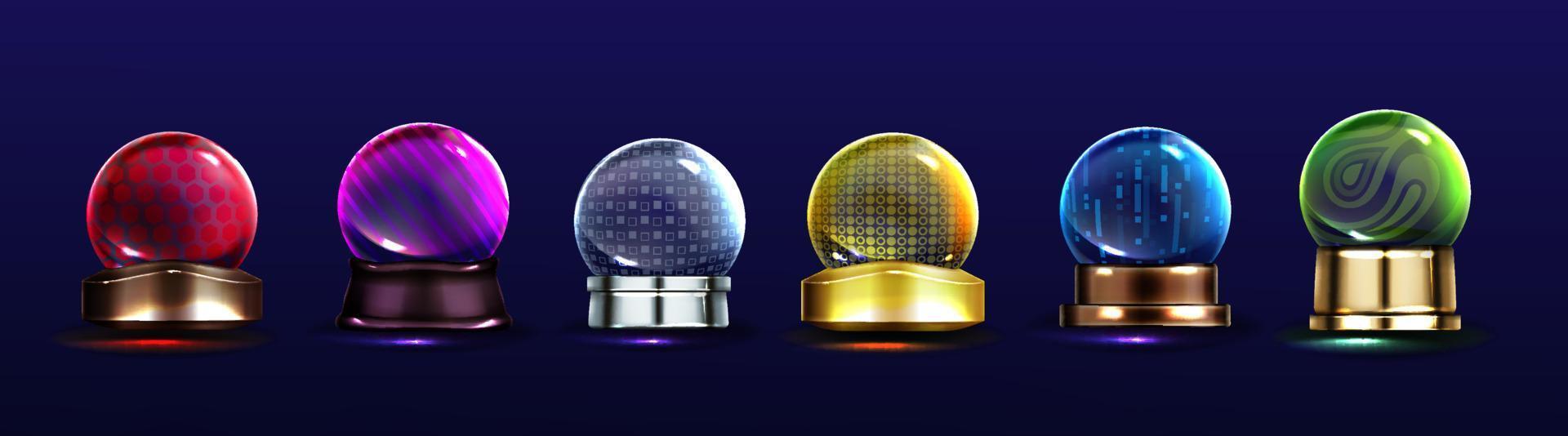 globos de cristal, bolas de nieve en soportes de metal vector