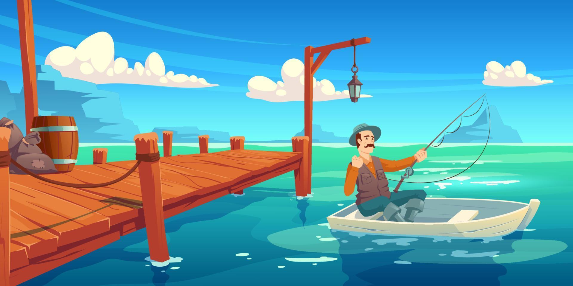 Lake with wooden pier and fisherman in boat vector