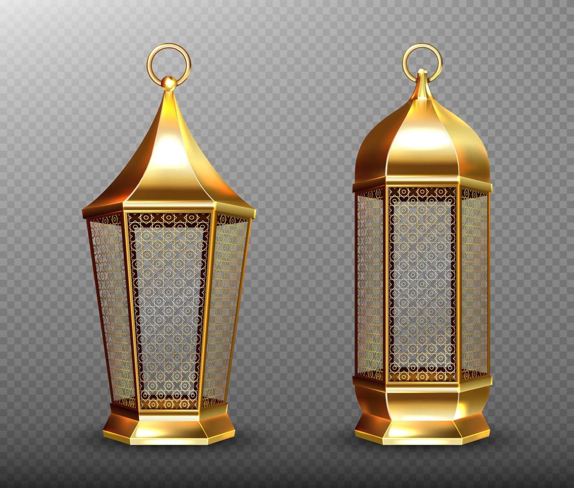 lámparas árabes, farolillos árabes dorados con adorno vector