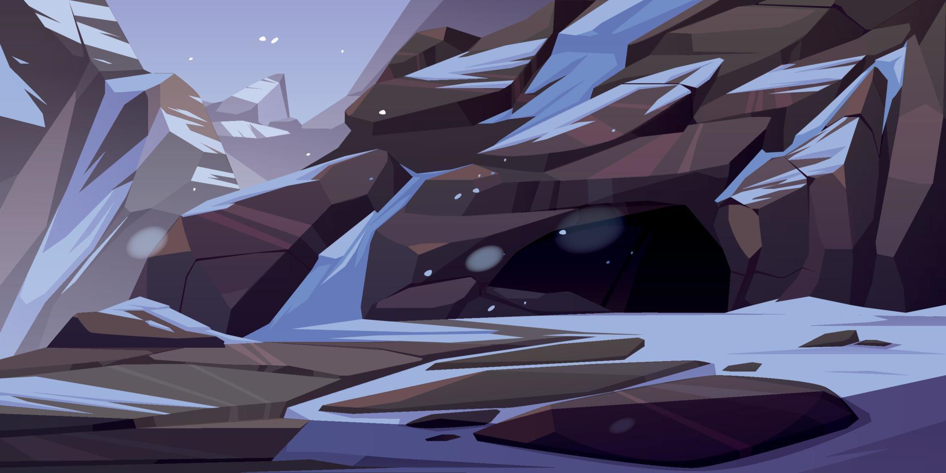 Entrance to cave in mountain with ice and snow vector