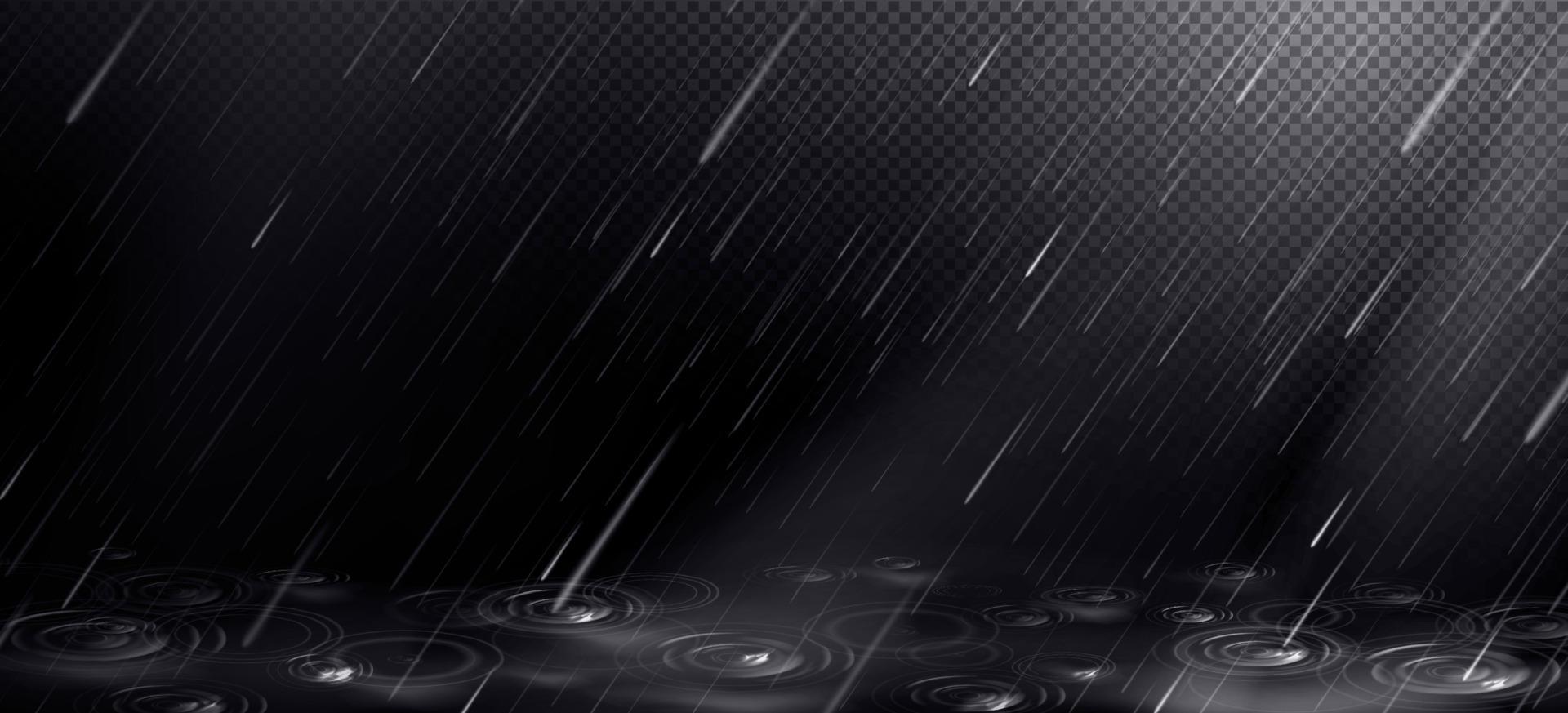 Rain, falling water drops and puddle ripples. vector