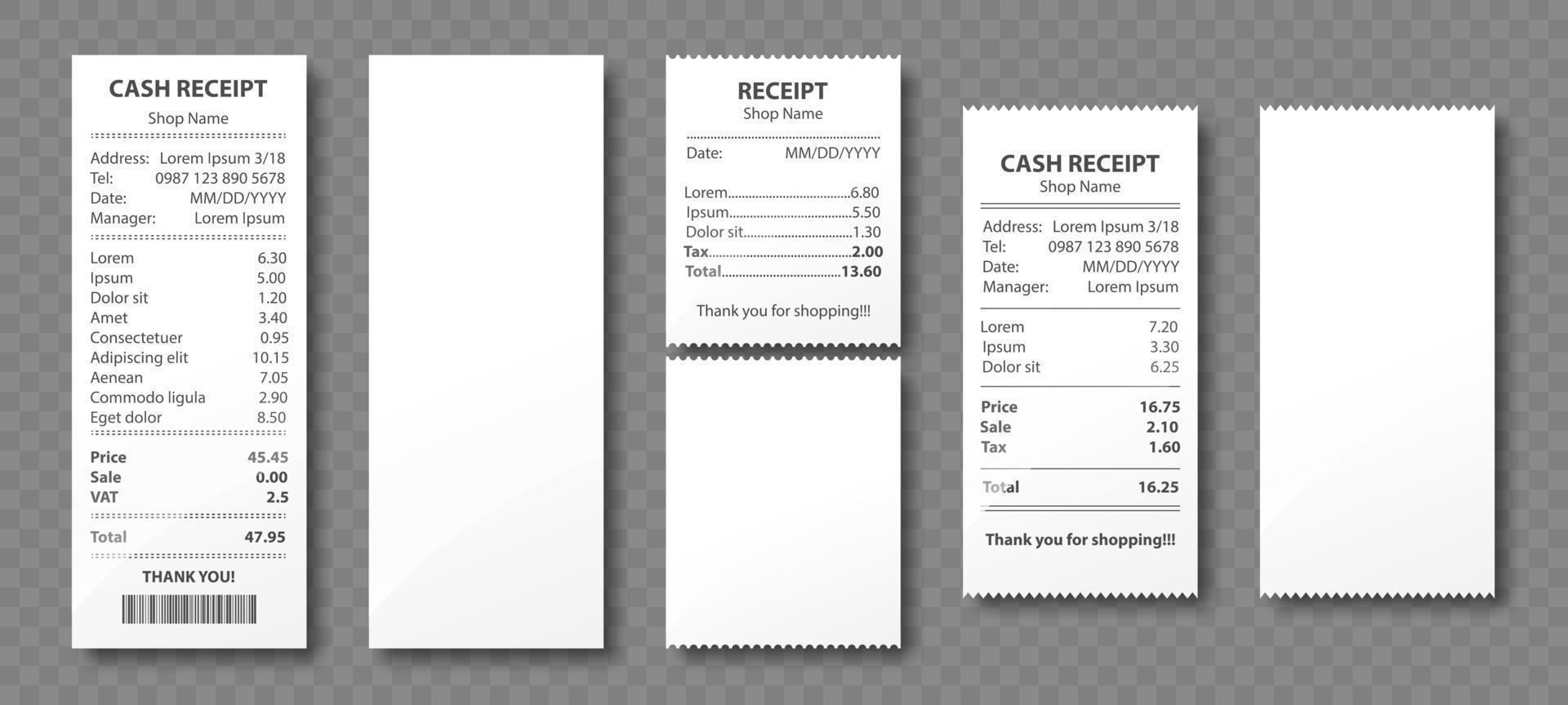 Cash receipt, paper bill, purchase invoice set vector